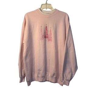 M&C Sportswear Pink Sweatshirt Embroidered Christmas Trees Womens Large Cotton